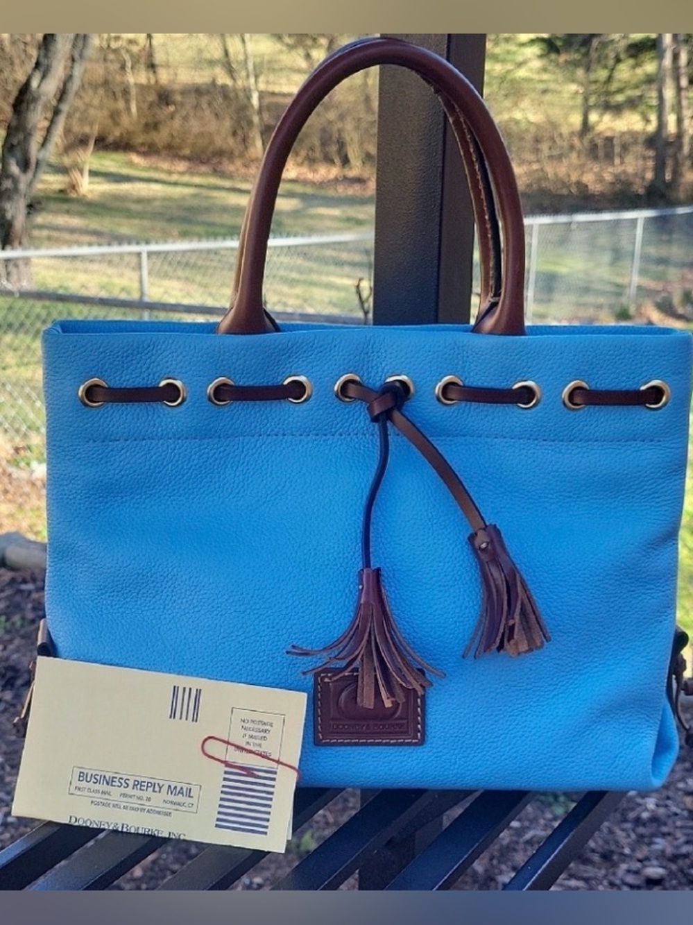 Dooney & Bourke Turquoise Blue Tote with Brown Trim